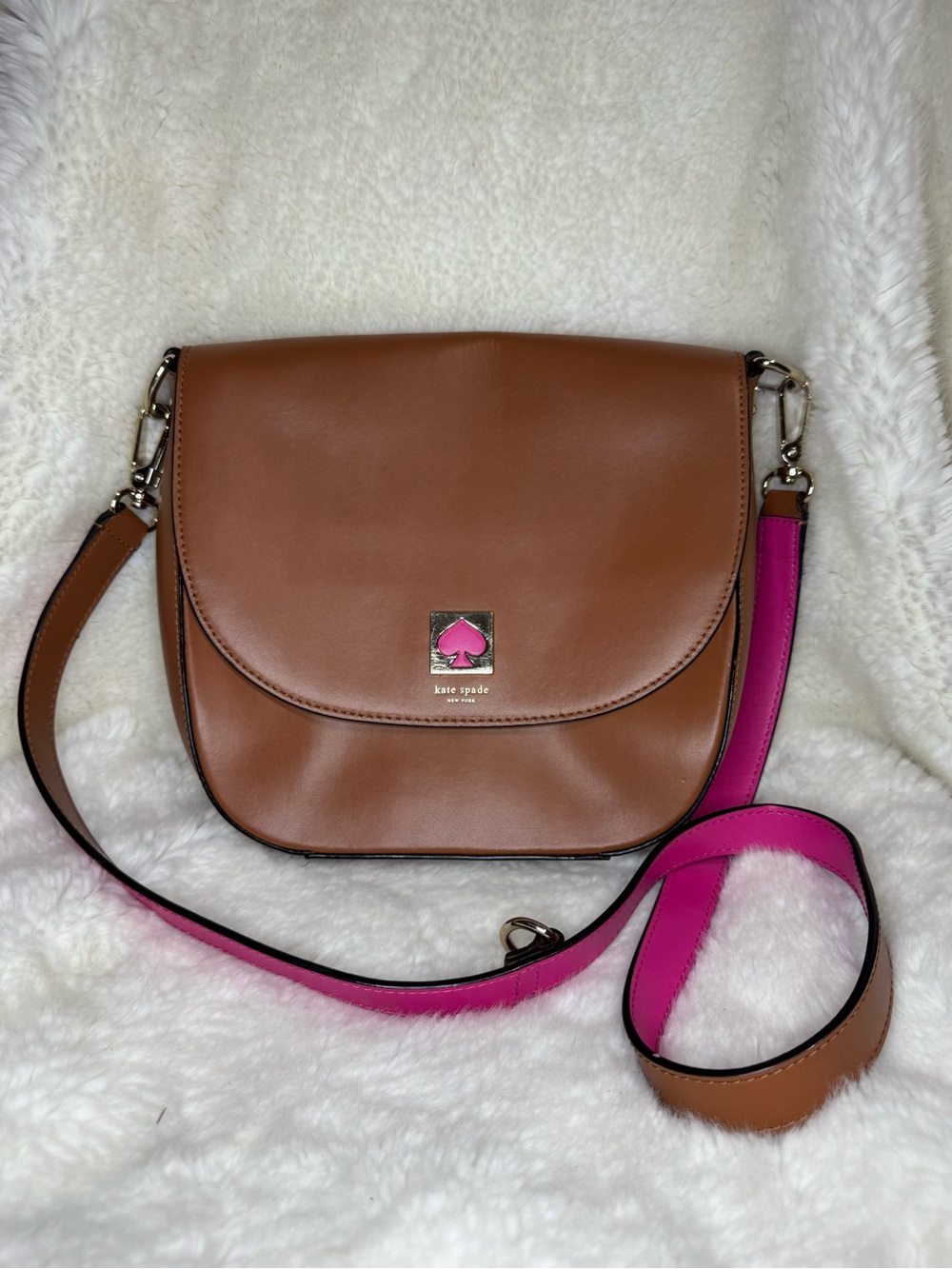kate spade Brown Leather Crossbody with Pink Strap